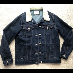 Forever 21 Denim Sherpa Fur Collar Jean Denim Jacket Coat Button Up Long Sleeve